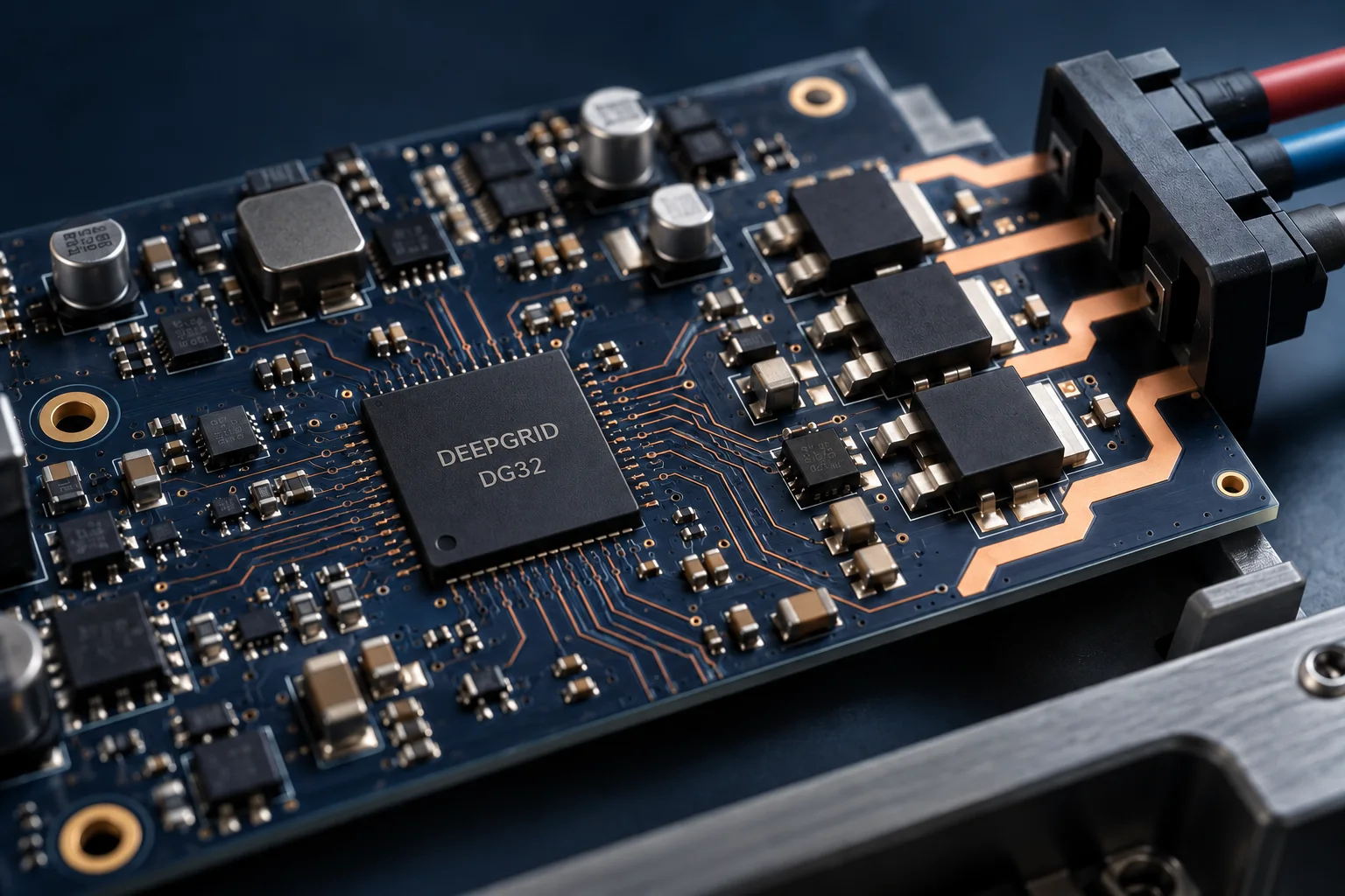 Illustrative DeepGrid DG32 controller board with an external power stage and motor connector