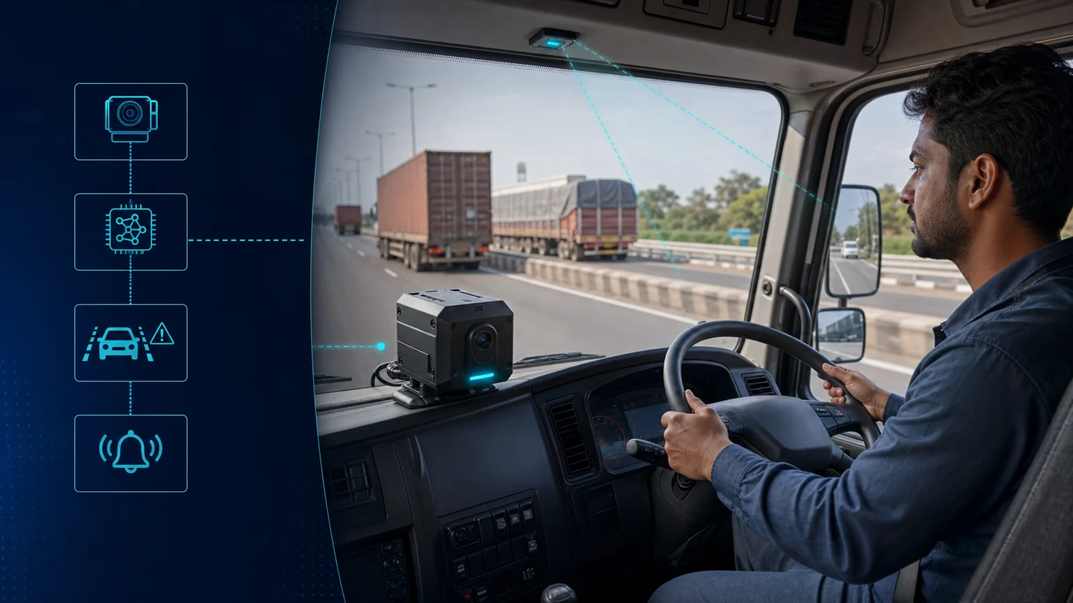 Illustrative truck cab with driver-assistance display and sensing equipment