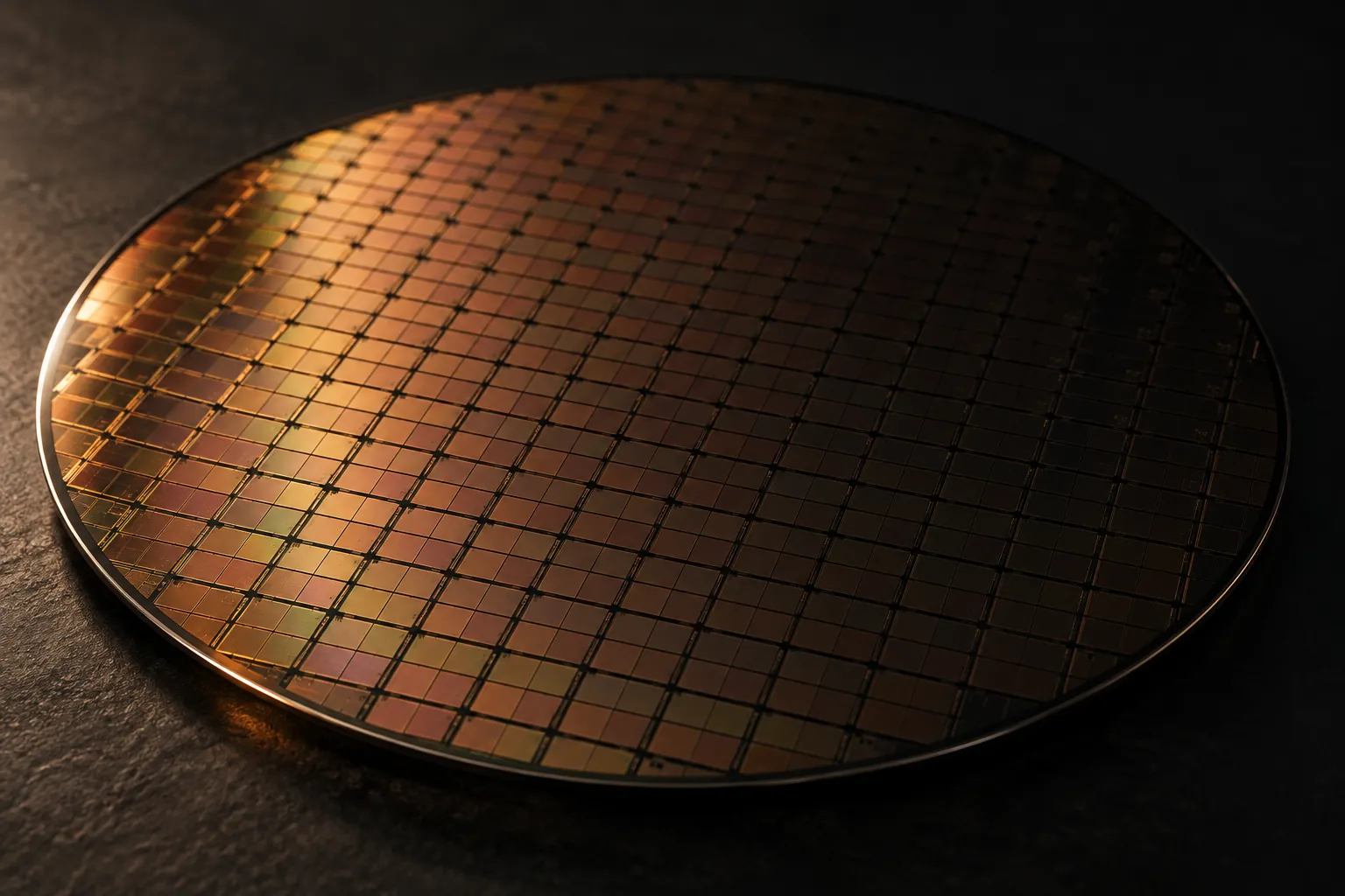 Illustration of a 200 mm silicon wafer covered in identical small dies, lit in copper