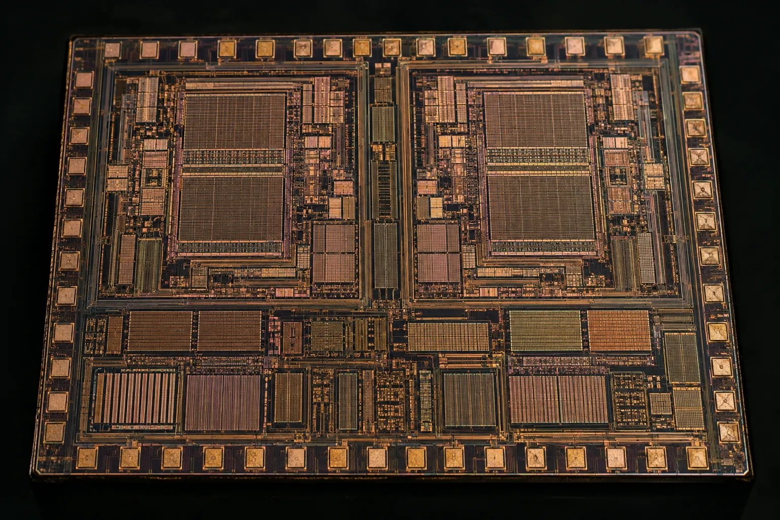 Illustration of a silicon die under a microscope with two identical core regions side by side