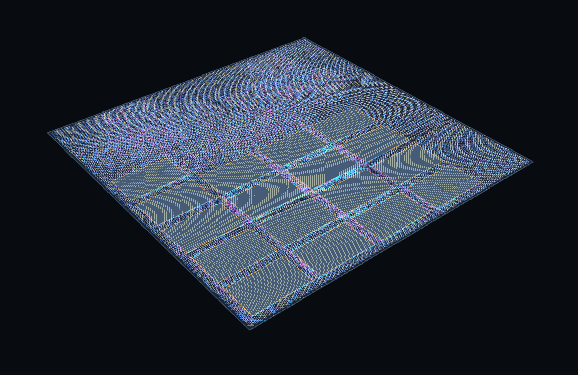DG32-LITE layout capture showing routed interconnect and functional regions in the DeepGrid Silicon Engine