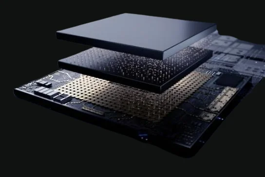 Exploded view of a layered chip package: die, substrate and lid separated