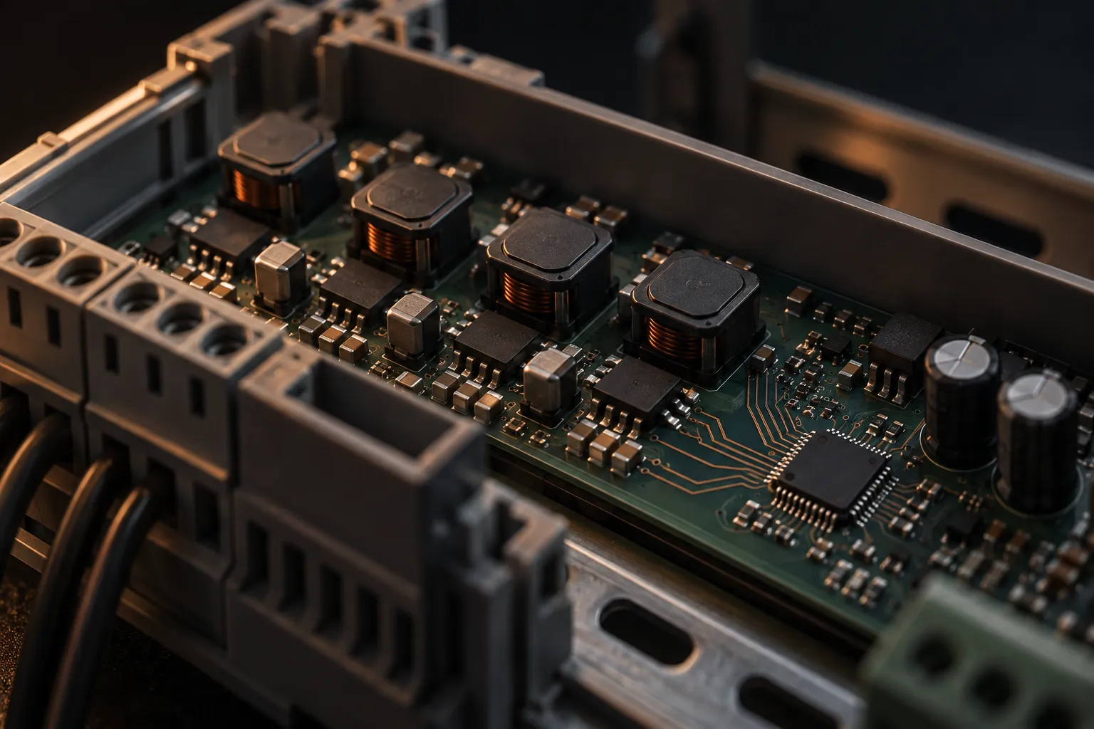 Concept render of an industrial controller board with a row of voltage regulators and a small supervisor chip beside them