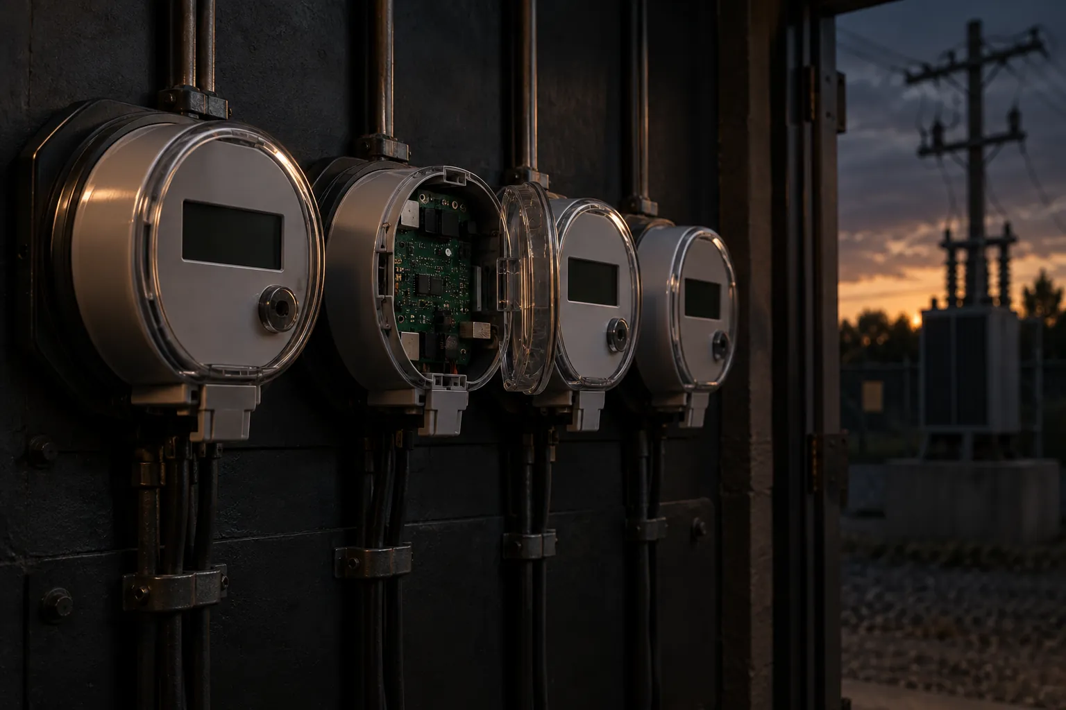Concept render of a row of electricity smart meters on a utility wall at dusk, one open to show its metrology board, a transformer beyond the doorway