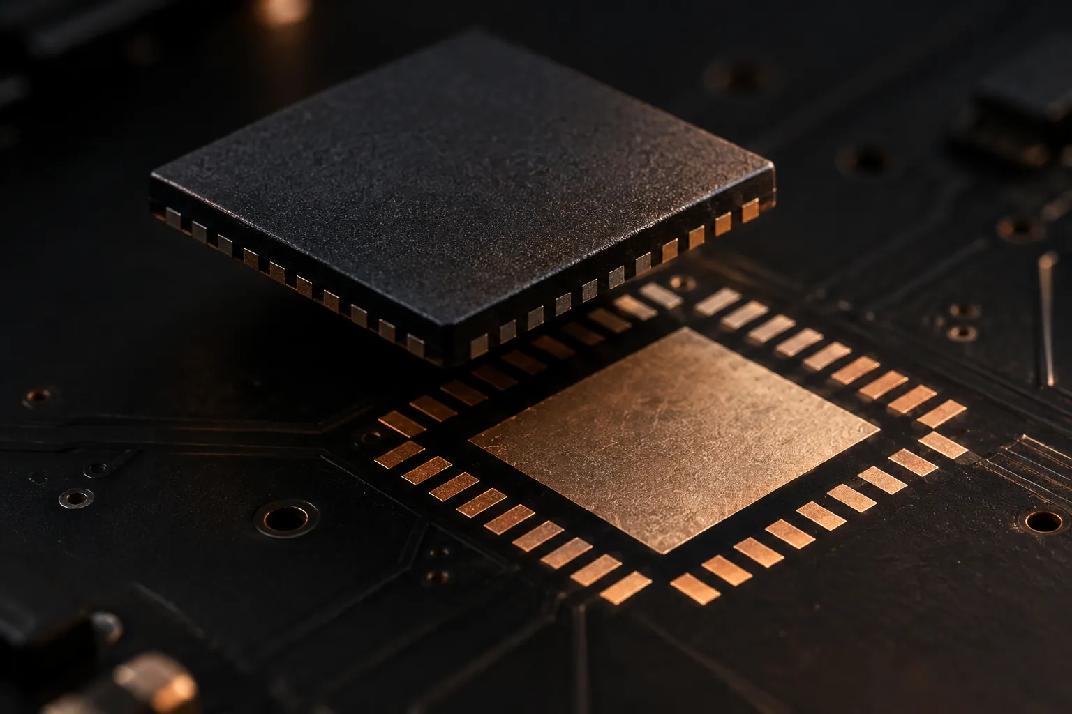 Illustration of a small square leadless QFN package lifted just above its PCB footprint of 64 pads around a large ground pad