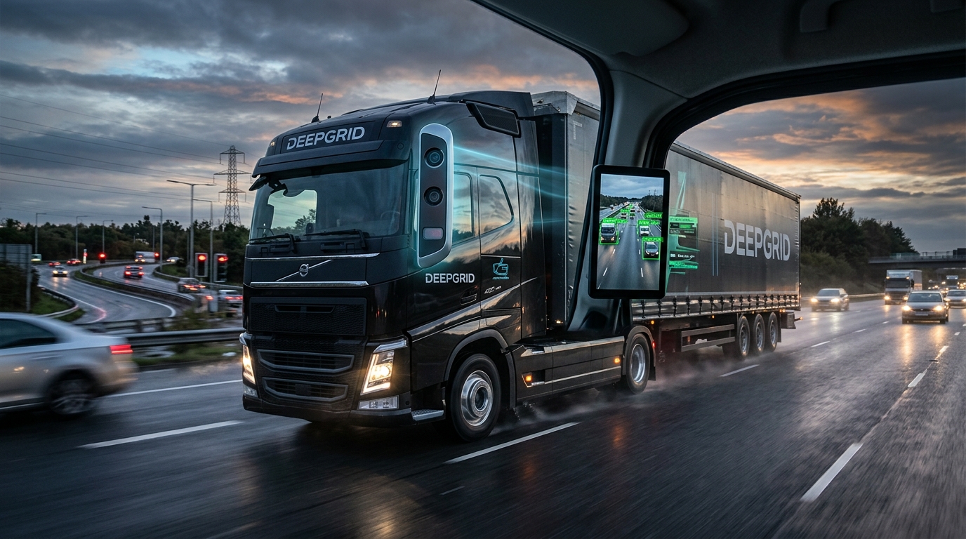 Concept render of a DeepGrid-liveried truck on a wet highway at dusk, a camera-mirror display beside the cab