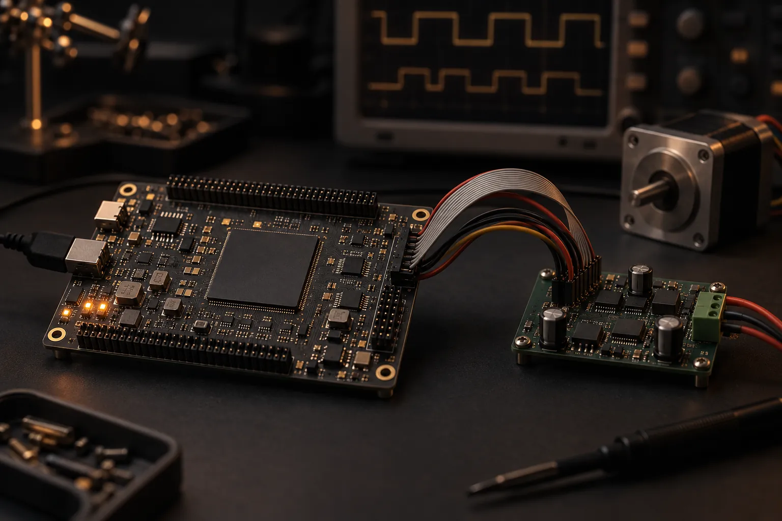 Illustration of a validation bench: an FPGA development board wired to a small motor-drive board, with an oscilloscope out of focus behind