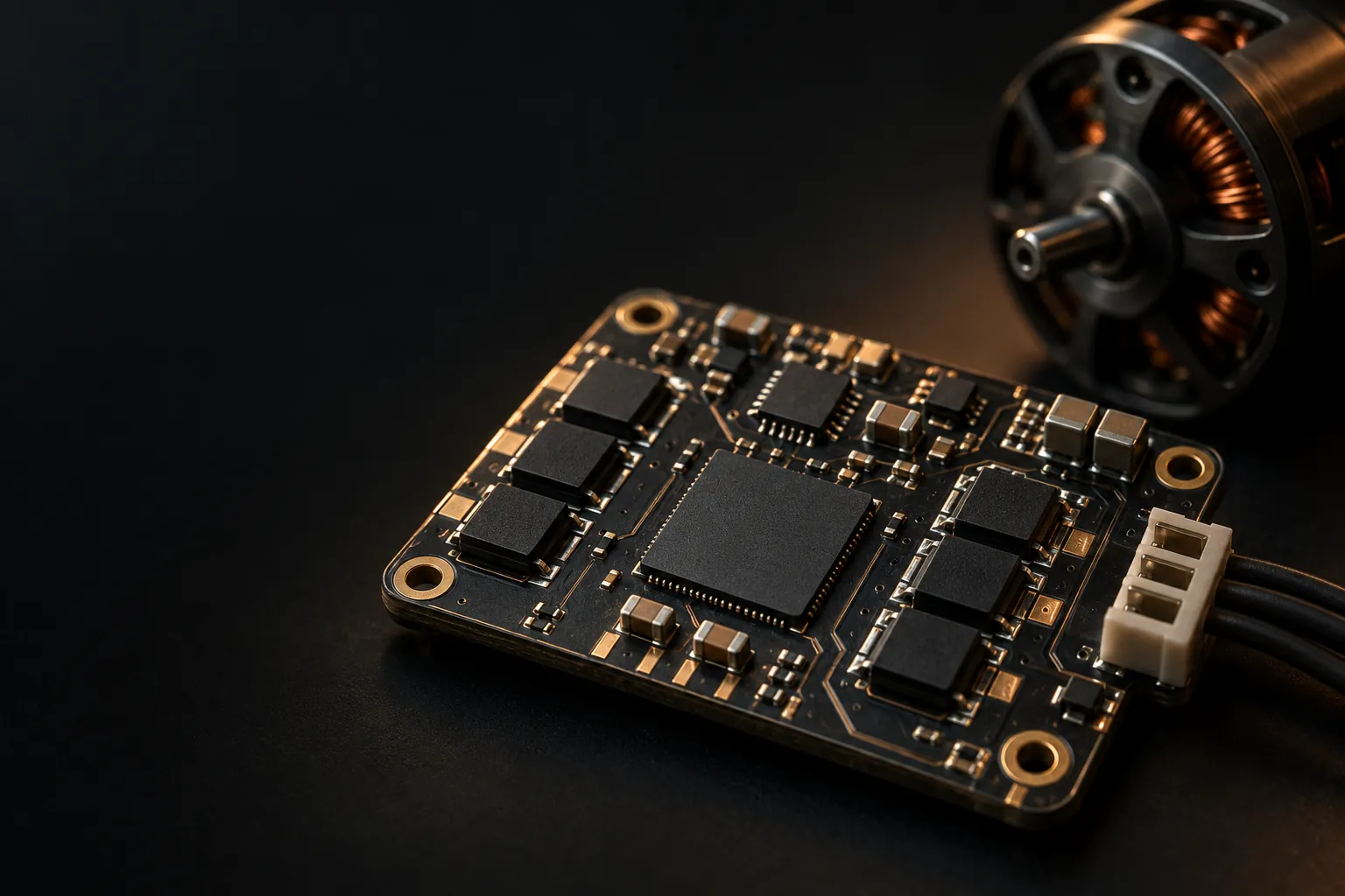 Illustration of a compact brushless-motor drive board with a small square leadless chip at its centre, power transistors around it and a motor behind