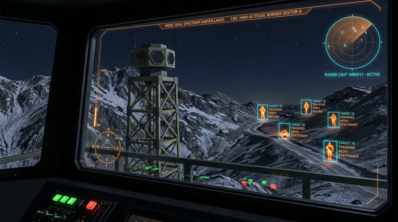 Concept render of a border surveillance tower seen from an operator cabin, with tracked targets on the glass