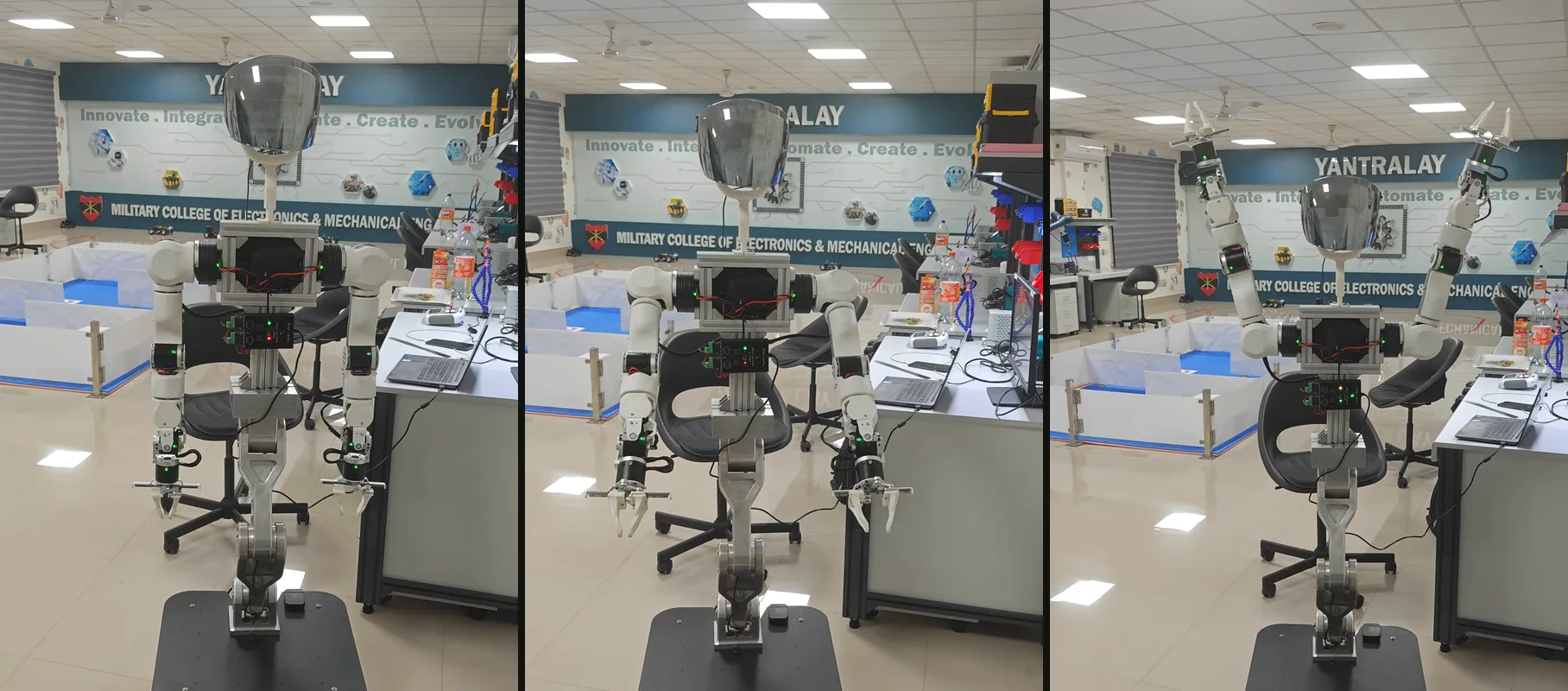 Apexgrid, DeepGrid’s humanoid, in three poses: arms lowered, arms extended, arms raised