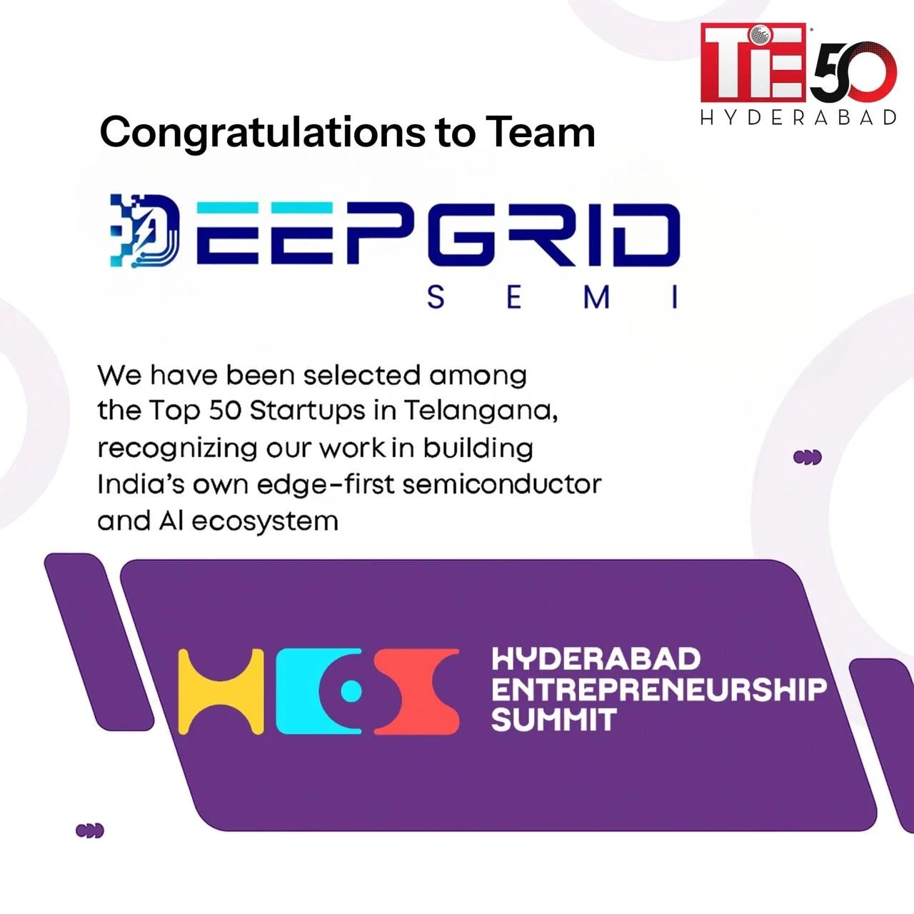 TiE50 Hyderabad announcement: DeepGrid Semi selected among the Top 50 Startups in Telangana