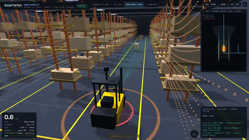 Frame from the forklift demonstrator: an autonomous forklift in a warehouse aisle with a LiDAR overlay