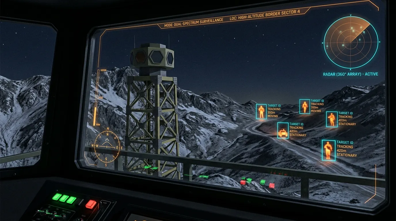 Concept render of a border surveillance tower seen from an operator cabin, with tracked targets on the glass