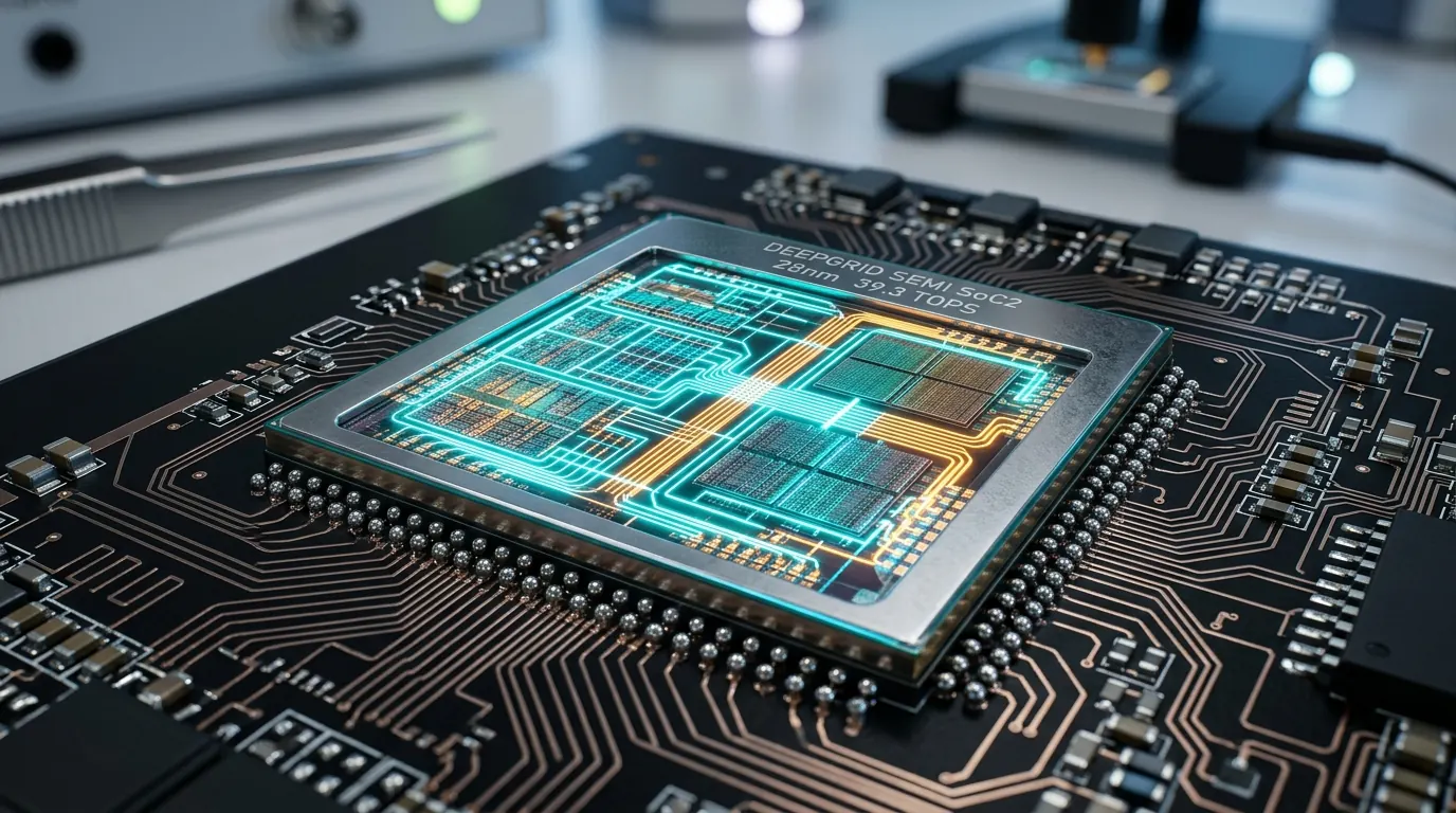 Concept render of the DeepGrid SoC2 die showing six compute domains