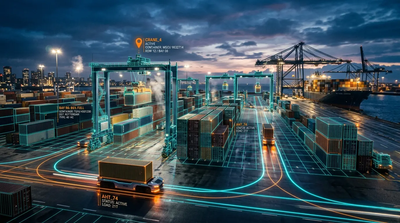 Concept render of a container terminal at dusk with autonomous haulers and cranes traced in tracking overlays