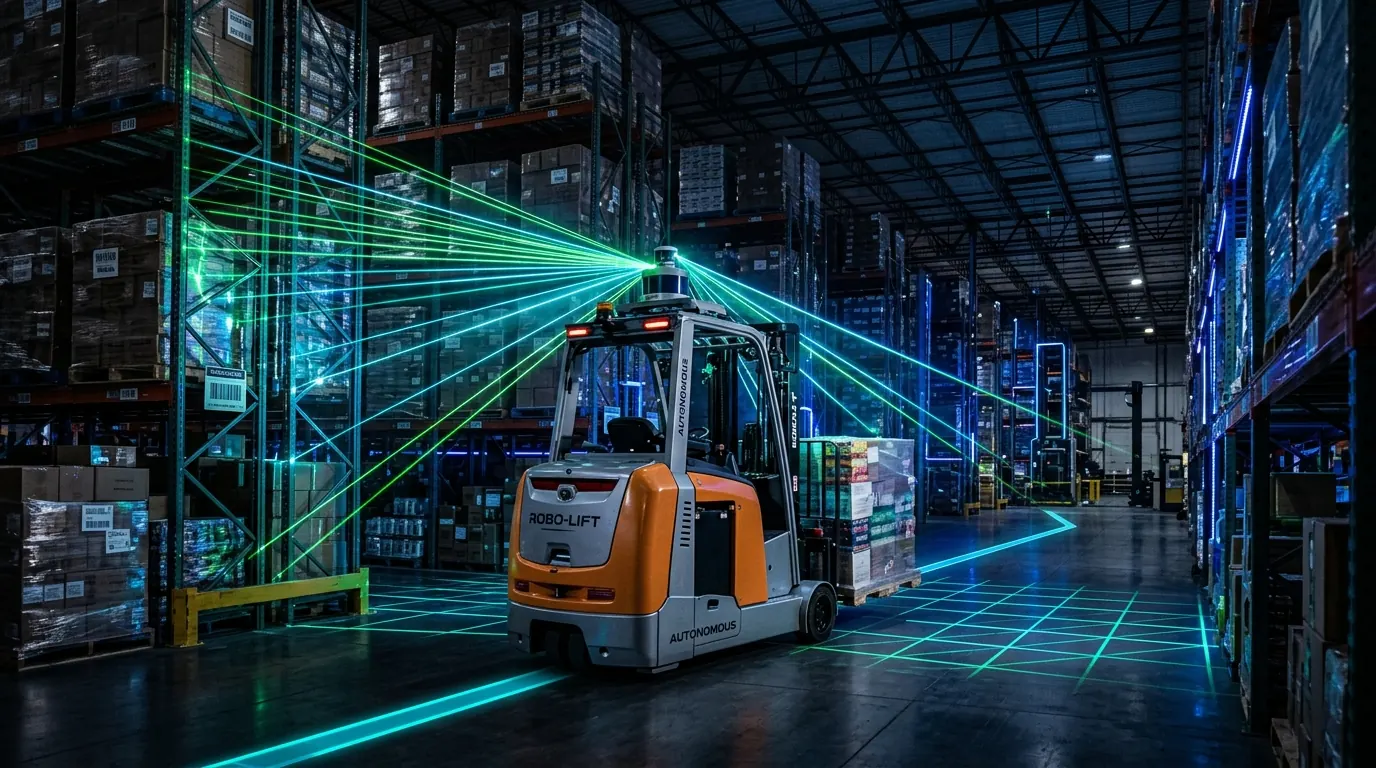 Concept render of an autonomous forklift in a warehouse aisle, its LiDAR beams sweeping the racks
