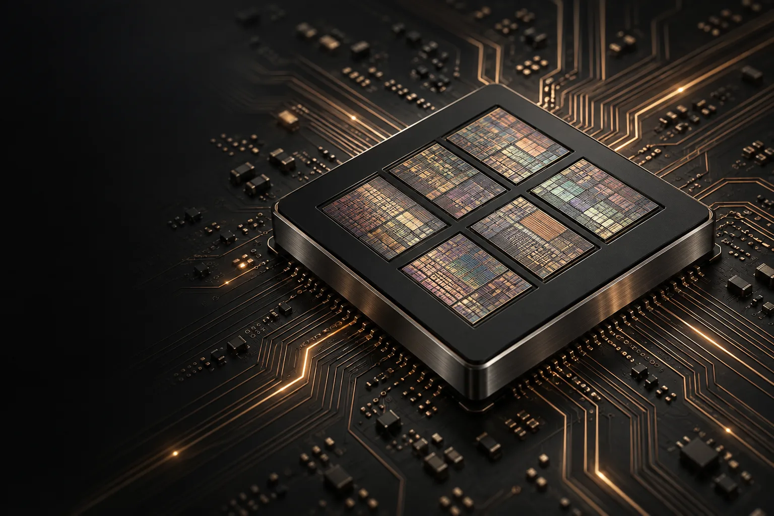 Rendering of the DeepGrid SoC2 package with six compute domains